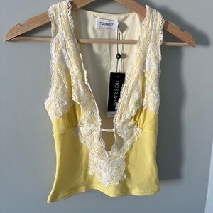 Tiger Mist Cream Blouse with White Lace Trim